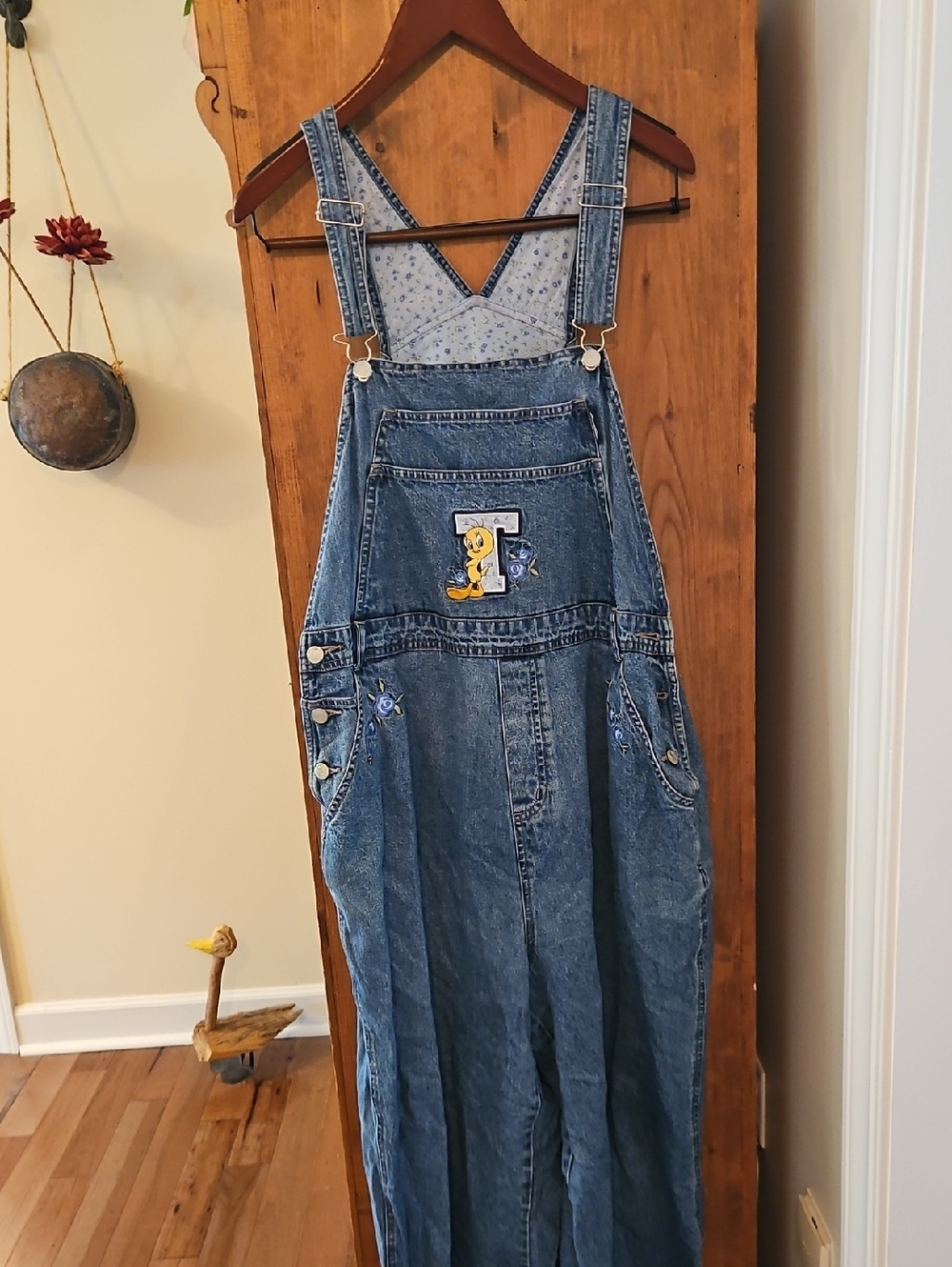 Vintage 90s Warner Brothers Looney Tunes Blue Denim Overalls with Tweety Patch